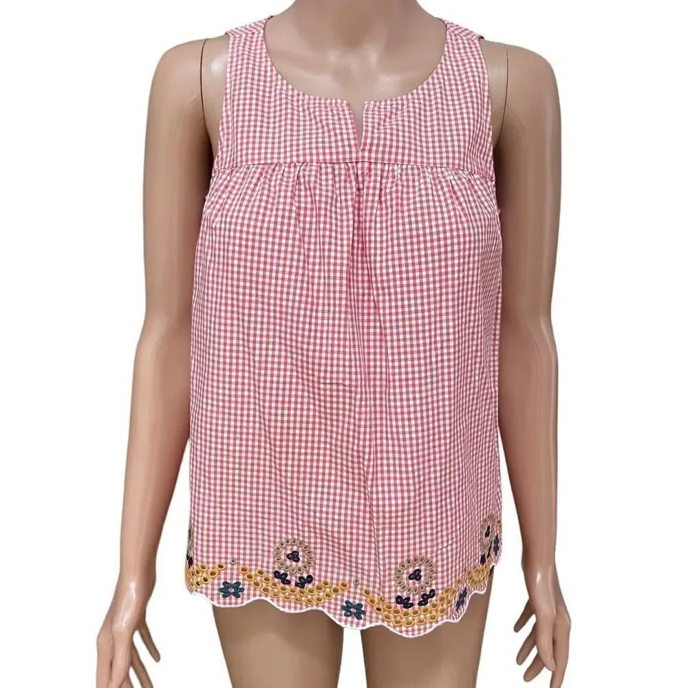 Madewell Tank Top Red White Embroidered Checkered Gingham Sleeveless Sz XS